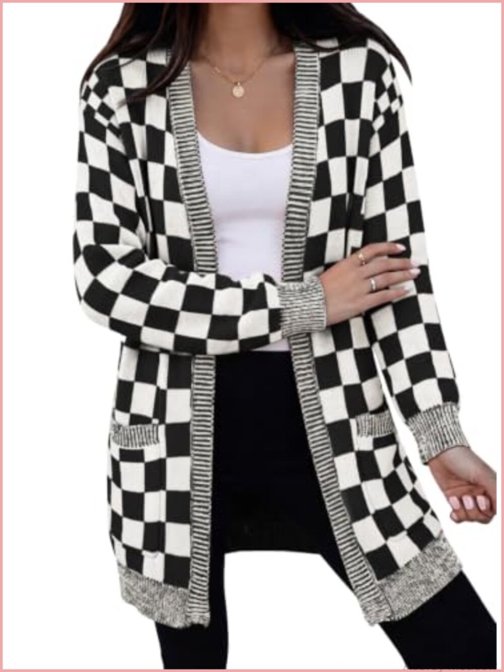 Women's Checkered Open Front Cardigan Chunky Knit Sweater with Pockets
